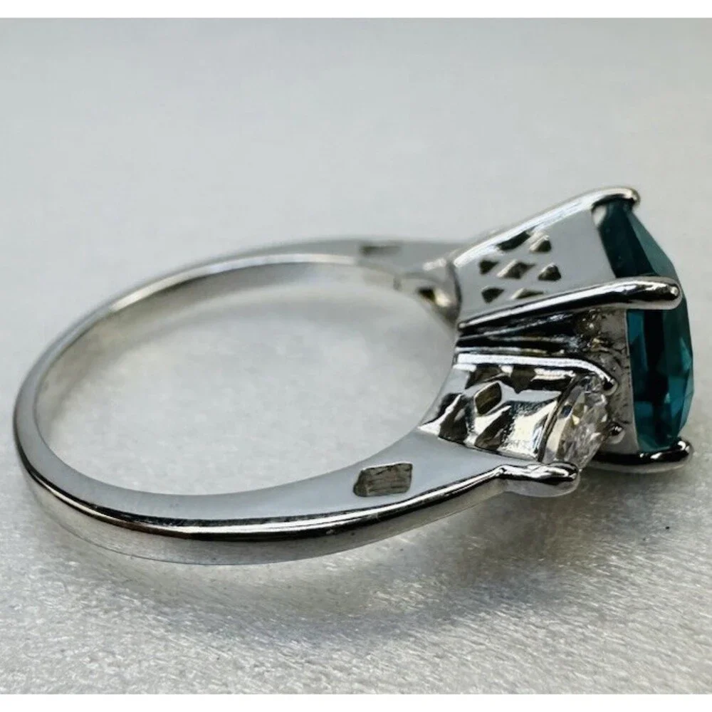 Bomb Party Teal Princess Cut Statement Ring Size 7 Rhodium Plated